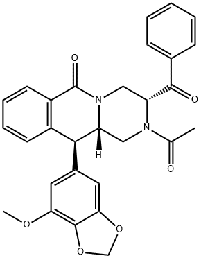 6H-Pyrazino[1,2-b]isoquinolin-6-one, 2-acetyl-3-benzoyl-1,2,3,4,11,11a-hexahydro-11-(7-methoxy-1,3-benzodioxol-5-yl)-, (3R,11S,11aS)-,2408406-89-1,结构式