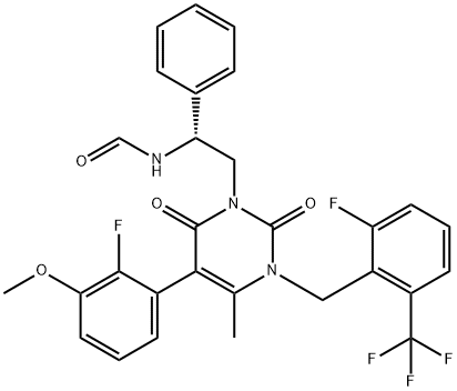 Formamide, N-[(1R)-2-[5-(2-fluoro-3-methoxyphenyl)-3-[[2-fluoro-6-(trifluoromethyl)phenyl]methyl]-3,6-dihydro-4-methyl-2,6-dioxo-1(2H)-pyrimidinyl]-1-phenylethyl]- Structure