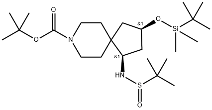 叔丁基(1R,3R)-3-((叔丁基二甲基甲硅烷基)氧基)-1-((叔丁亚磺酰基)氨基)-8-氮杂螺[4.5]癸-8-羧酸酯,2409579-75-3,结构式