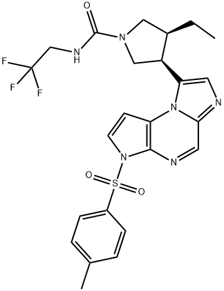 1-Pyrrolidinecarboxamide, 3-ethyl-4-[3-[(4-methylphenyl)sulfonyl]-3H-imidazo[1,2-a]pyrrolo[2,3-e]pyrazin-8-yl]-N-(2,2,2-trifluoroethyl)-, (3S,4R)- Structure