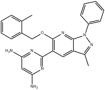 2-(3-甲基-6-(2-甲基苄氧基)-1-苯基吡唑并[3,4-B]吡啶-5-基)嘧啶-4,6-二胺 结构式