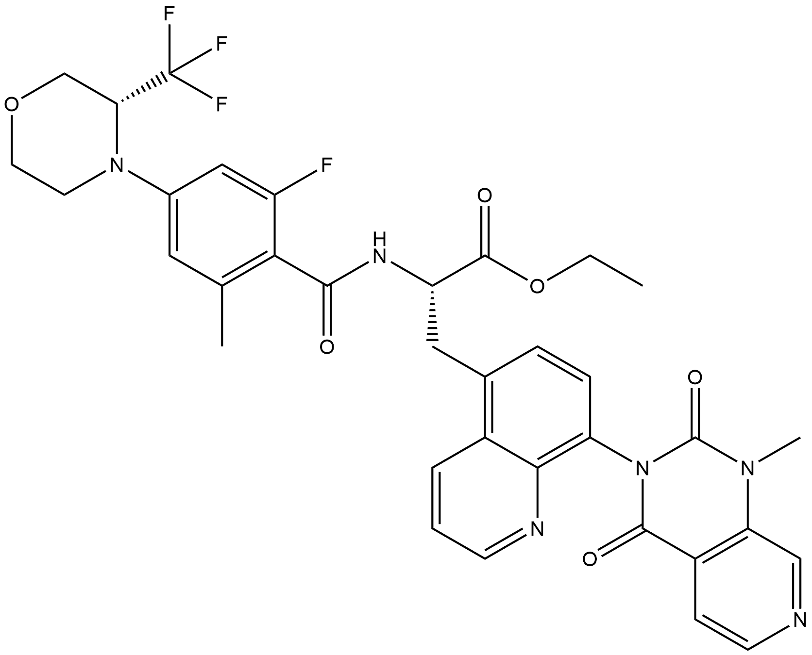 ethyl (S)-2-(2-fluoro-6-methyl-4-((R)-3-(trifluoromethyl)morpholino)benzamido)-3-(8-(1-methyl-2,4-dioxo-1,4-dihydropyrido[3,4-d]pyrimidin-3(2H)-yl)quinolin-5-yl, 2417307-56-1, 结构式