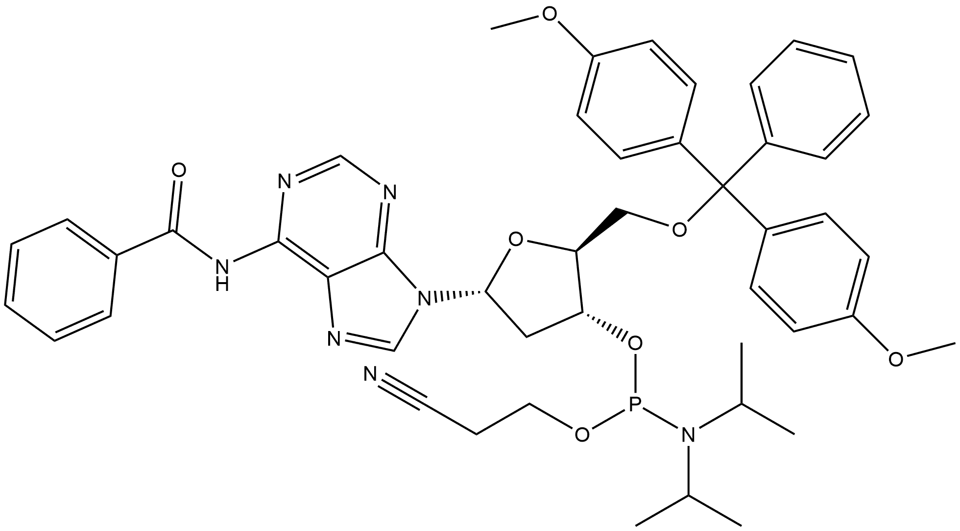 N-[9-[5-O-[Bis(4-methoxyphenyl)phenylmethyl]-3-O-[[bis(1-methylethyl)amino](2-cyanoethoxy)phosphino]-2-deoxy-α-L-erythro-pentofuranosyl]-9H-purin-6-yl]benzamide Structure