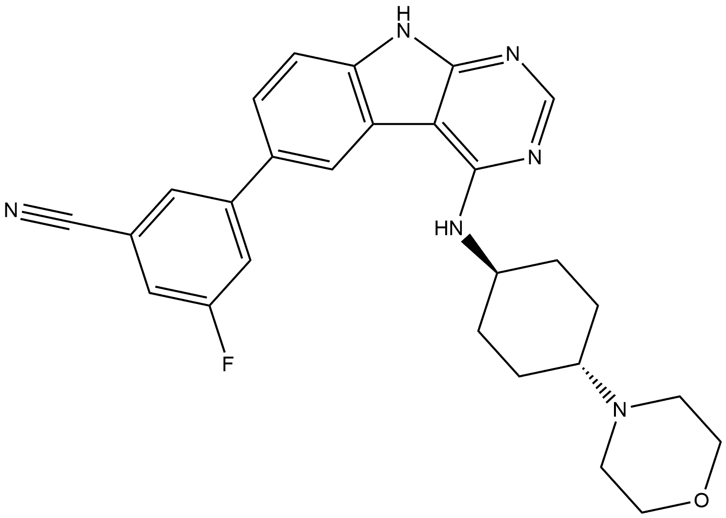 3-fluoro-5-(4-(((1r,4r)-4-morpholinocyclohexyl)amino)-9H-pyrimido[4,5-b]indol-6-yl)benzonitrile Structure