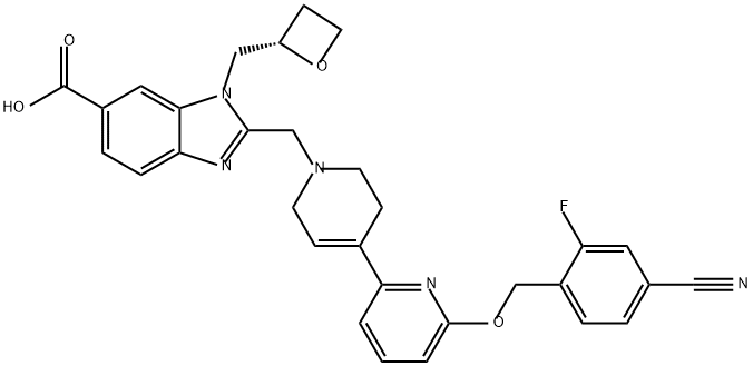 1H-Benzimidazole-6-carboxylic acid, 2-[[6-[(4-cyano-2-fluorophenyl)methoxy]-3',6'-dihydro[2,4'-bipyridin]-1'(2'H)-yl]methyl]-1-[(2S)-2-oxetanylmethyl]- Structure