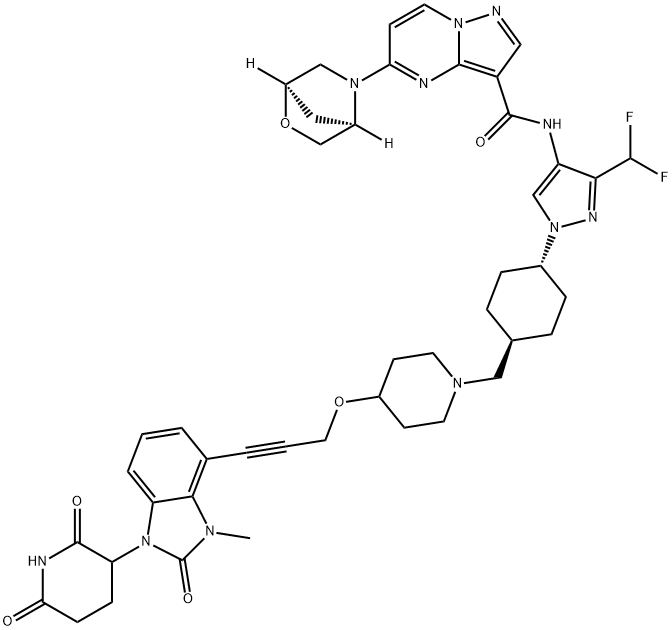 Pyrazolo[1,5-a]pyrimidine-3-carboxamide, N-[3-(difluoromethyl)-1-[trans-4-[[4-[[3-[1-(2,6-dioxo-3-piperidinyl)-2,3-dihydro-3-methyl-2-oxo-1H-benzimidazol-4-yl]-2-propyn-1-yl]oxy]-1-piperidinyl]methyl]cyclohexyl]-1H-pyrazol-4-yl]-5-(1R,4R)-2-oxa-5-azabicyclo[2.2.1]hept-5-yl- Struktur