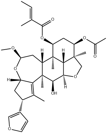 2-Butenoic acid, 2-methyl-, (2R,3aS,5R,6aR,6bR,7S,9R,9aR,11aR,11bR,12S,12aR)-9-(acetyloxy)-2-(3-furanyl)-3,3a,6,6a,6b,7,8,9,9a,10,11a,11b,12,12a-tetradecahydro-12-hydroxy-5-methoxy-1,6b,9a,12a-tetramethyl-2H,5H-cyclopent[a]isobenzofuro[7,1-gh][3]benzoxepin-7-yl ester, (2E)-,244179-69-9,结构式