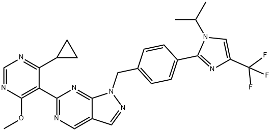 1H-Pyrazolo[3,4-d]pyrimidine, 6-(4-cyclopropyl-6-methoxy-5-pyrimidinyl)-1-[[4-[1-(1-methylethyl)-4-(trifluoromethyl)-1H-imidazol-2-yl]phenyl]methyl]- 化学構造式