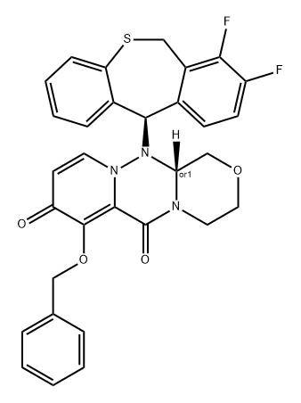1H-[1,4]Oxazino[3,4-c]pyrido[2,1-f][1,2,4]triazine-6,8-dione, 12-[(11R)-7,8-difluoro-6,11-dihydrodibenzo[b,e]thiepin-11-yl]-3,4,12,12a-tetrahydro-7-(phenylmethoxy)-, (12aR)-rel- Structure