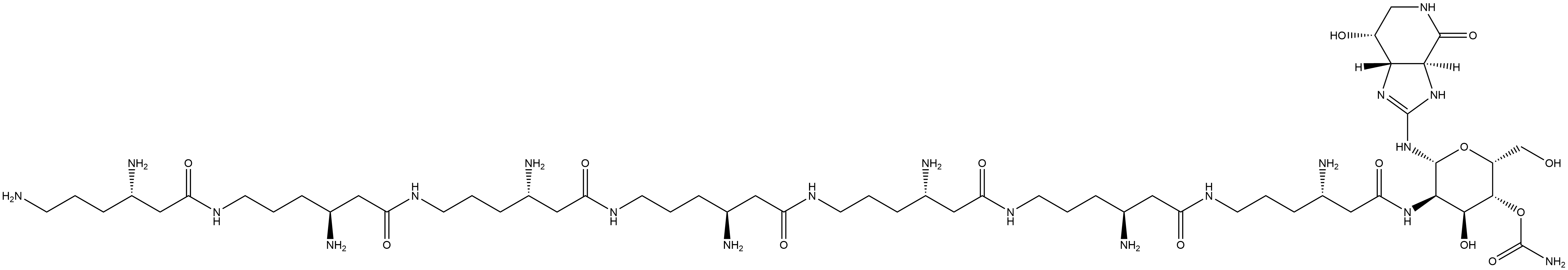 4H-Imidazo[4,5-c]pyridin-4-one, 2-[[4-O-(aminocarbonyl)-2-deoxy-2-[[(3S,10S,17S,24S,31S,38S,45S)-3,10,17,24,31,38,45,48-octaamino-1,8,15,22,29,36,43-heptaoxo-7,14,21,28,35,42-hexaazaoctatetracont-1-yl]amino]-β-D-gulopyranosyl]amino]-3,3a,5,6,7,7a-hexahydro-7-hydroxy-, (3aS,7R,7aS)- 结构式