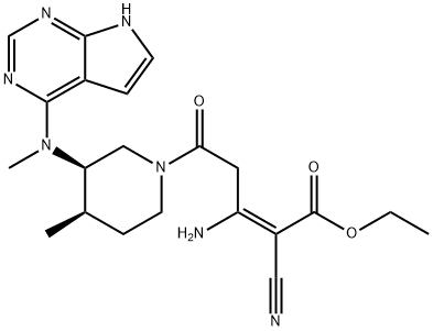 2-Pentenoic acid, 3-amino-2-cyano-5-[(3R,4R)-4-methyl-3-(methyl-7H-pyrrolo[2,3-d]pyrimidin-4-ylamino)-1-piperidinyl]-5-oxo-, ethyl ester, (2E)- Struktur
