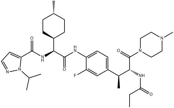 1H-Pyrazole-5-carboxamide, N-[(1S)-2-[[2-fluoro-4-[(1S,2R)-1-methyl-3-(4-methyl-1-piperazinyl)-3-oxo-2-[(1-oxopropyl)amino]propyl]phenyl]amino]-1-(trans-4-methylcyclohexyl)-2-oxoethyl]-1-(1-methylethyl)-|N-[(2R,3S)-3-{3-FLUORO-4-[(2S)-2-{[1-(PROPAN-2-YL)-1H-PYRAZOL-5-YL]FORMAMIDO}-2-[(1R,4S)-4-METHYLCYCLOHEXYL]ACETAMIDO]PHENYL}-1-(4-METHYLPIPERAZIN-1-YL)-1-OXOBU