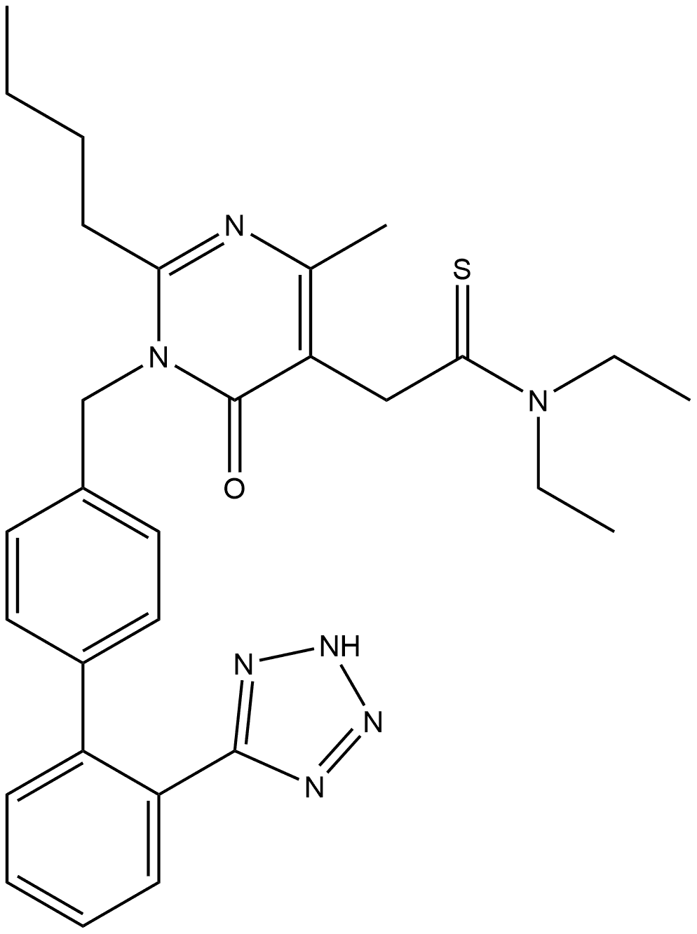 2-Butyl-N,N-diethyl-1,6-dihydro-4-methyl-6-oxo-1-[[2′-(2H-tetrazol-5-yl)[1,1′-biphenyl]-4-yl]methyl]-5-pyrimidineethanethioamide Structure