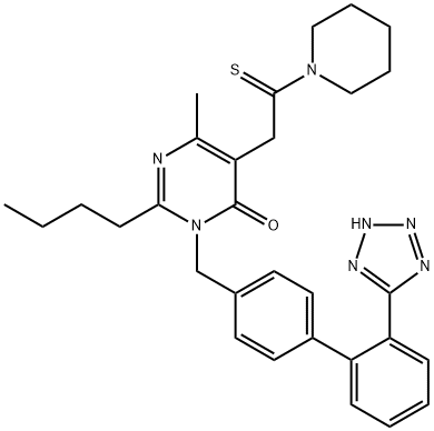 4(3H)-Pyrimidinone, 2-butyl-6-methyl-5-[2-(1-piperidinyl)-2-thioxoethyl]-3-[[2'-(2H-tetrazol-5-yl)[1,1'-biphenyl]-4-yl]methyl]- Structure