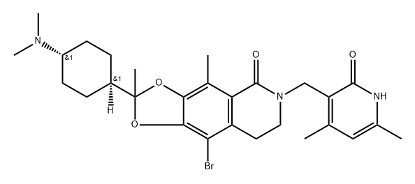 9-bromo-6-((4,6-dimethyl-2-oxo-1,2-dihydropyridin-3-yl)methyl)-2-(trans-4-(dimethylamino)cyclohexyl)-2,4-dimethyl-7,8-dihydro[1,3]dioxolo[4,5-g]isoquinolin-5(6H)-one Struktur