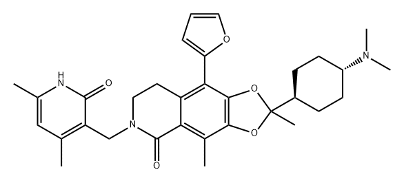1,3-Dioxolo[4,5-g]isoquinolin-5(6H)-one, 6-[(1,2-dihydro-4,6-dimethyl-2-oxo-3-pyridinyl)methyl]-2-[trans-4-(dimethylamino)cyclohexyl]-9-(2-furanyl)-7,8-dihydro-2,4-dimethyl- 结构式