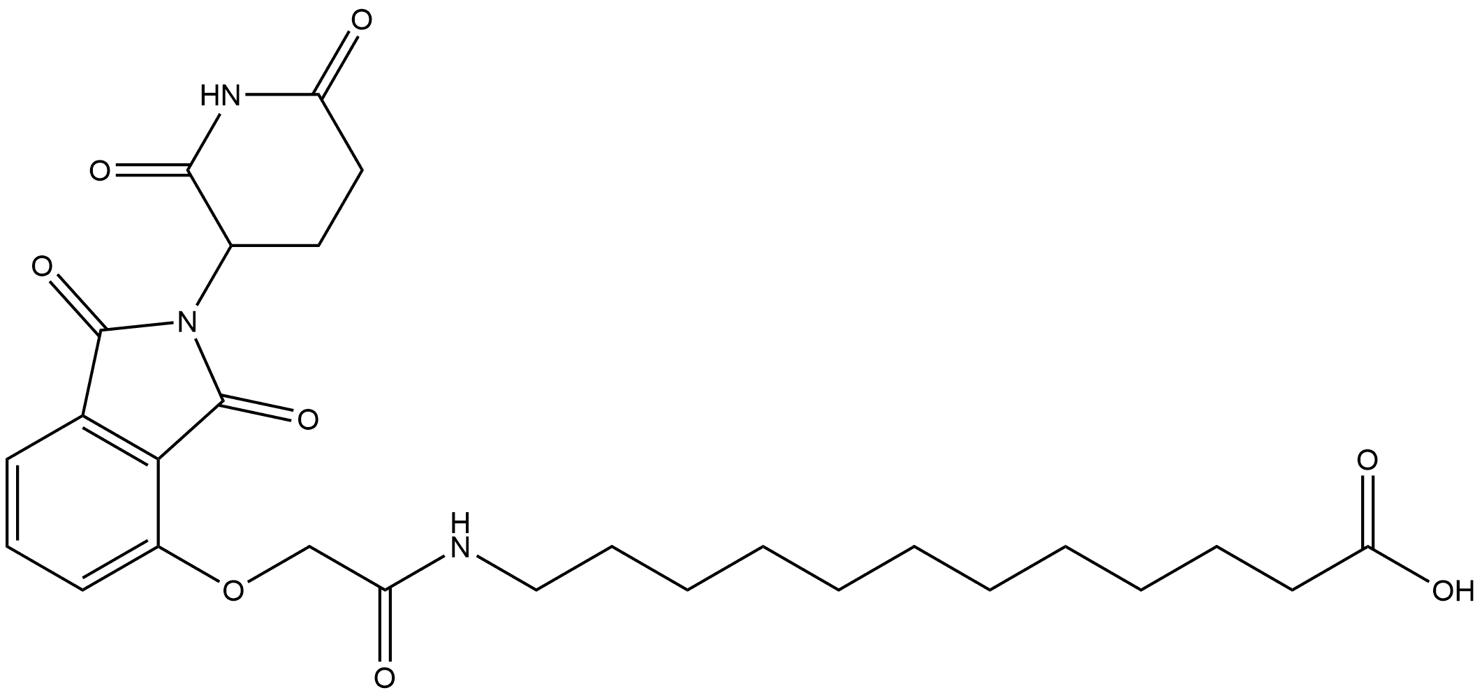 12-[[2-[2-(2,6-dioxo-3-piperidyl)-1,3-dioxo-isoindolin-4-yl]oxyacetyl]amino]dodecanoic acid Struktur