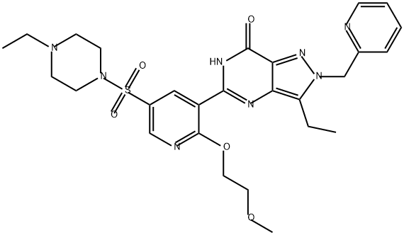7H-Pyrazolo[4,3-d]pyrimidin-7-one, 3-ethyl-5-[5-[(4-ethyl-1-piperazinyl)sulfonyl]-2-(2-methoxyethoxy)-3-pyridinyl]-2,6-dihydro-2-(2-pyridinylmethyl)- Structure