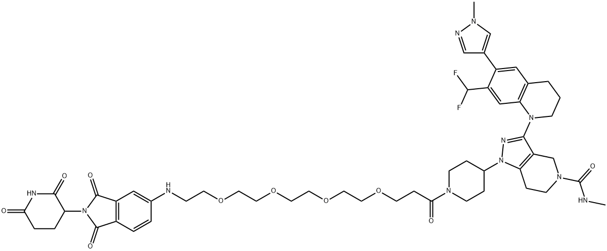 5H-Pyrazolo[4,3-c]pyridine-5-carboxamide, 3-[7-(difluoromethyl)-3,4-dihydro-6-(1-methyl-1H-pyrazol-4-yl)-1(2H)-quinolinyl]-1-[1-[15-[[2-(2,6-dioxo-3-piperidinyl)-2,3-dihydro-1,3-dioxo-1H-isoindol-5-yl]amino]-1-oxo-4,7,10,13-tetraoxapentadec-1-yl]-4-piperidinyl]-1,4,6,7-tetrahydro-N-methyl- Structure