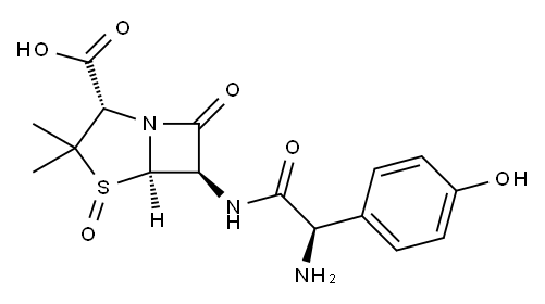 4-Thia-1-azabicyclo[3.2.0]heptane-2-carboxylic acid, 6-[[(2R)-2-amino-2-(4-hydroxyphenyl)acetyl]amino]-3,3-dimethyl-7-oxo-, 4-oxide, (2S,5R,6R)- Structure