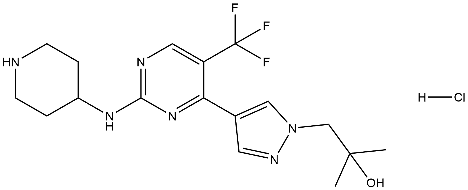 1H-Pyrazole-1-ethanol, α,α-dimethyl-4-[2-(4-piperidinylamino)-5-(trifluoromethyl)-4-pyrimidinyl]-, hydrochloride (1:1),2488076-12-4,结构式