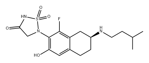 1,2,5-Thiadiazolidin-3-one, 5-[(7S)-1-fluoro-5,6,7,8-tetrahydro-3-hydroxy-7-[(3-methylbutyl)amino]-2-naphthalenyl]-, 1,1-dioxide Structure