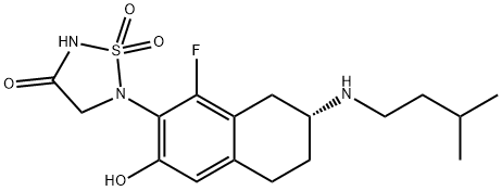 1,2,5-Thiadiazolidin-3-one, 5-[(7R)-1-fluoro-5,6,7,8-tetrahydro-3-hydroxy-7-[(3-methylbutyl)amino]-2-naphthalenyl]-, 1,1-dioxide Struktur
