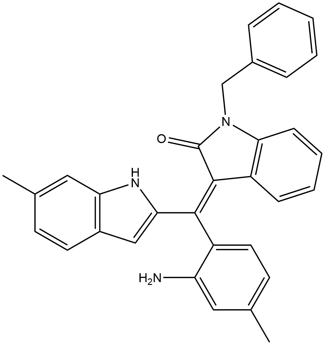 (RA,Z)-3-((2-氨基-4-甲基苯基)(6-甲基-1H-吲哚-2-基)亚甲基)-1-苄基吲哚-2-酮 结构式