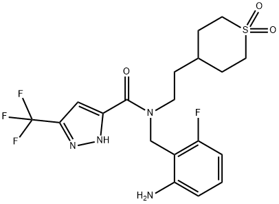 1H-Pyrazole-5-carboxamide, N-[(2-amino-6-fluorophenyl)methyl]-N-[2-(tetrahydro-1,1-dioxido-2H-thiopyran-4-yl)ethyl]-3-(trifluoromethyl)- Structure