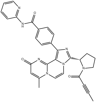 Benzamide, 4-[4-methyl-2-oxo-9-[(2S)-1-(1-oxo-2-butyn-1-yl)-2-pyrrolidinyl]-2H-imidazo[5',1':3,4]pyrazino[1,2-a]pyrimidin-11-yl]-N-2-pyridinyl- Struktur