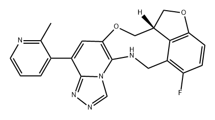 7H-Furo[4,3,2-gh][1,2,4]triazolo[4',3':1,6]pyrido[2,3-c][5,2]benzoxazonine, 12-fluoro-7a,8,13,14-tetrahydro-4-(2-methyl-3-pyridinyl)-, (7aR)- Struktur