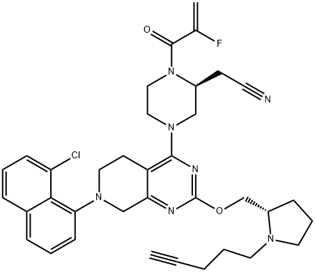2-Piperazineacetonitrile, 4-[7-(8-chloro-1-naphthalenyl)-5,6,7,8-tetrahydro-2-[[(2S)-1-(4-pentyn-1-yl)-2-pyrrolidinyl]methoxy]pyrido[3,4-d]pyrimidin-4-yl]-1-(2-fluoro-1-oxo-2-propen-1-yl)-, (2S)- Struktur