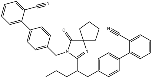 [1,1'-Biphenyl]-2-carbonitrile, 4'-[[2-[1-[(2'-cyano[1,1'-biphenyl]-4-yl)methyl]butyl]-4-oxo-1,3-diazaspiro[4.4]non-1-en-3-yl]methyl]- Struktur