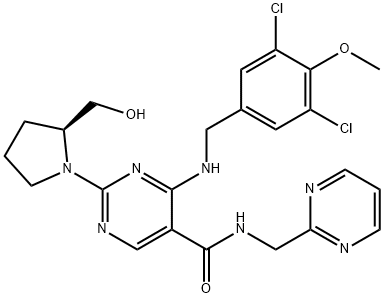 5-Pyrimidinecarboxamide, 4-[[(3,5-dichloro-4-methoxyphenyl)methyl]amino]-2-[(2S)-2-(hydroxymethyl)-1-pyrrolidinyl]-N-(2-pyrimidinylmethyl)- Struktur