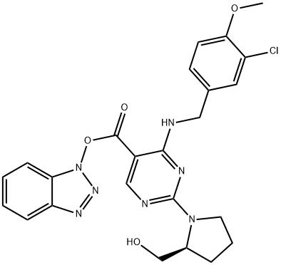 5-Pyrimidinecarboxylic acid, 4-[[(3-chloro-4-methoxyphenyl)methyl]amino]-2-[(2S)-2-(hydroxymethyl)-1-pyrrolidinyl]-, 1H-benzotriazol-1-yl ester Struktur