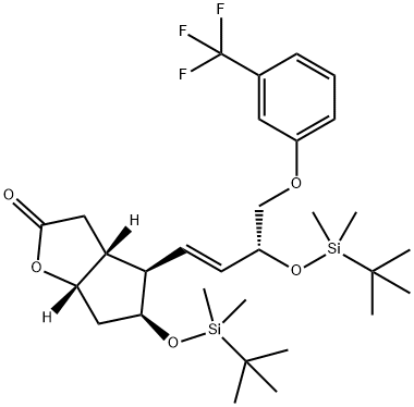 2H-Cyclopenta[b]furan-2-one, 5-[[(1,1-dimethylethyl)dimethylsilyl]oxy]-4-[(1E,3R)-3-[[(1,1-dimethylethyl)dimethylsilyl]oxy]-4-[3-(trifluoromethyl)phenoxy]-1-buten-1-yl]hexahydro-, (3aR,4R,5S,6aS)- Structure