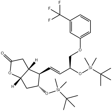 2H-Cyclopenta[b]furan-2-one, 5-[[(1,1-dimethylethyl)dimethylsilyl]oxy]-4-[(1E,3S)-3-[[(1,1-dimethylethyl)dimethylsilyl]oxy]-4-[3-(trifluoromethyl)phenoxy]-1-buten-1-yl]hexahydro-, (3aR,4R,5R,6aS)- Structure