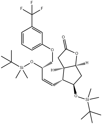2H-Cyclopenta[b]furan-2-one, 5-[[(1,1-dimethylethyl)dimethylsilyl]oxy]-4-[(1Z,3S)-3-[[(1,1-dimethylethyl)dimethylsilyl]oxy]-4-[3-(trifluoromethyl)phenoxy]-1-buten-1-yl]hexahydro-, (3aR,4R,5R,6aS)- Structure