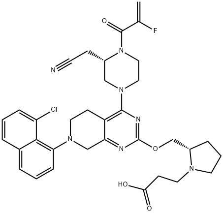 1-Pyrrolidinepropanoic acid, 2-[[[7-(8-chloro-1-naphthalenyl)-4-[(3S)-3-(cyanomethyl)-4-(2-fluoro-1-oxo-2-propen-1-yl)-1-piperazinyl]-5,6,7,8- Struktur