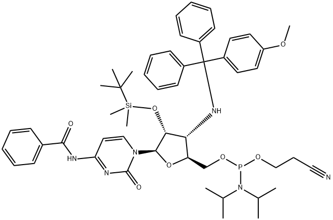 Cytidine, N-?benzoyl-?3'-?deoxy-?2'-?O-?[(1,?1-?dimethylethyl)?dimethylsilyl]?-?3'-?[[(4-?methoxyphenyl)?diphenylmethyl]?amino]?-?, 5'-?[2-?cyanoethyl bis(1-?methylethyl)?phosphoramidite] (9CI) 化学構造式