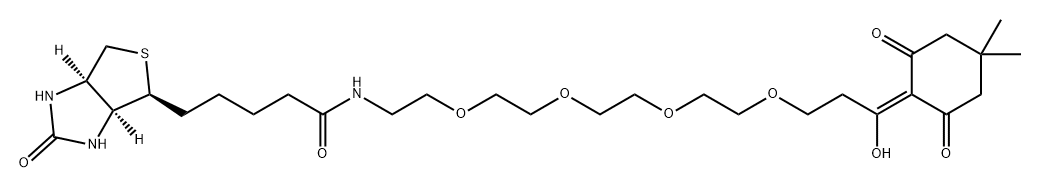 1H-Thieno[3,4-d]imidazole-4-pentanamide, N-[15-(4,4-dimethyl-2,6-dioxocyclohexylidene)-15-hydroxy-3,6,9,12-tetraoxapentadec-1-yl]hexahydro-2-oxo-, (3aS,4S,6aR)- Struktur