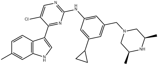 2-Pyrimidinamine, 5-chloro-N-[3-cyclopropyl-5-[[(3R,5S)-3,5-dimethyl-1-piperazinyl]methyl]phenyl]-4-(6-methyl-1H-indol-3-yl)- Structure