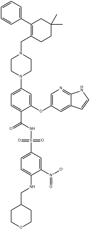 Benzamide, 4-[4-[(4,4-dimethyl-2-phenyl-1-cyclohexen-1-yl)methyl]-1-piperazinyl]-N-[[3-nitro-4-[[(tetrahydro-2H-pyran-4-yl)methyl]amino]phenyl]sulfonyl]-2-(1H-pyrrolo[2,3-b]pyridin-5-yloxy)- Struktur