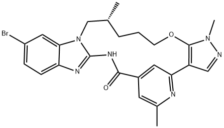 1H,10H-4,8-Metheno-17H-pyrazolo[3',4':2,3][1,5,10,12]oxatriazacycloheptadecino[12,11-a]benzimidazol-9-one, 14-bromo-18,19,20,21-tetrahydro-1,6,18-trimethyl-, (18R)- Struktur
