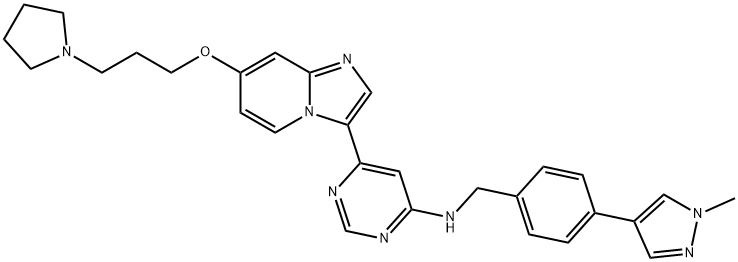 4-Pyrimidinamine, N-[[4-(1-methyl-1H-pyrazol-4-yl)phenyl]methyl]-6-[7-[3-(1-pyrrolidinyl)propoxy]imidazo[1,2-a]pyridin-3-yl]- Struktur