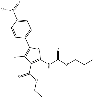 3-Thiophenecarboxylic acid, 4-methyl-5-(4-nitrophenyl)-2-[(propoxycarbonyl)amino]-, ethyl ester Structure