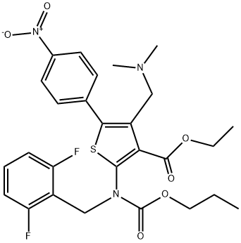 3-Thiophenecarboxylic acid, 2-[[(2,6-difluorophenyl)methyl](propoxycarbonyl)amino]-4-[(dimethylamino)methyl]-5-(4-nitrophenyl)-, ethyl ester Structure