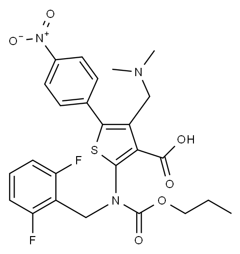 2-((2,6-二氟苄基)(乙丙氧基羰基)氨基)-4- ((二甲基氨基)甲基)-5-(4-硝基苯基)噻吩-3-羧酸",2591260-09-0,结构式