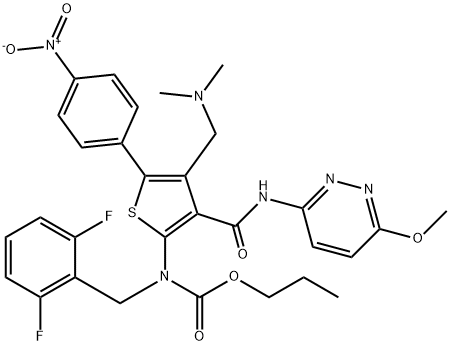 (2,6-二氟苄基)(4-((二甲基氨基)甲基)-3-((6-甲氧基哒嗪-3-基)氨基甲酰基)-5-(4-硝基苯基)噻吩-2-基)氨基甲酸丙酯(中间体二), 2591260-10-3, 结构式