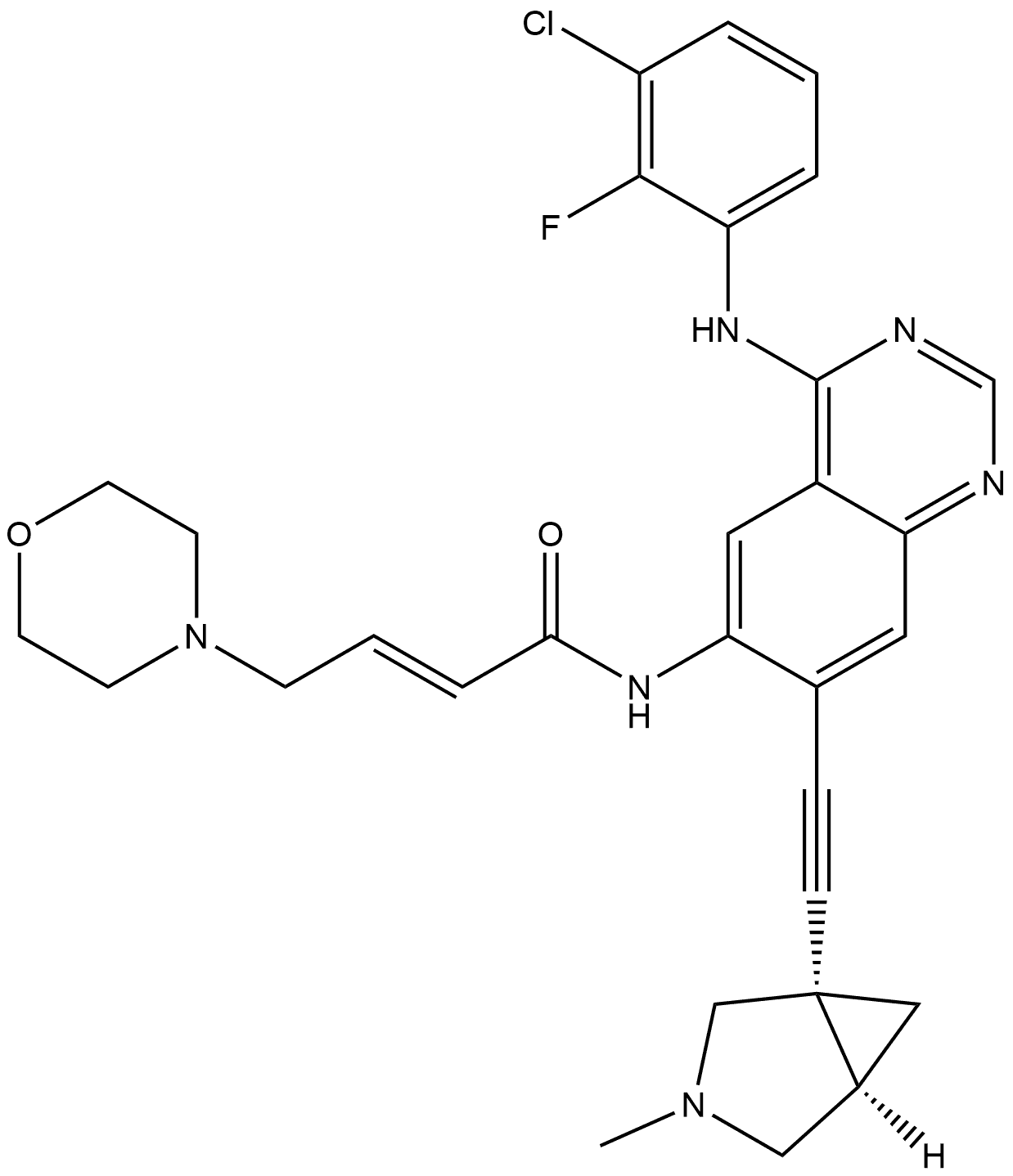 (2E)-N-[4-[(3-Chloro-2-fluorophenyl)amino]-7-[2-[(1S,5R)-3-methyl-3-azabicyclo[3.1.0]hex-1-yl]ethynyl]-6-quinazolinyl]-4-(4-morpholinyl)-2-butenamide Structure